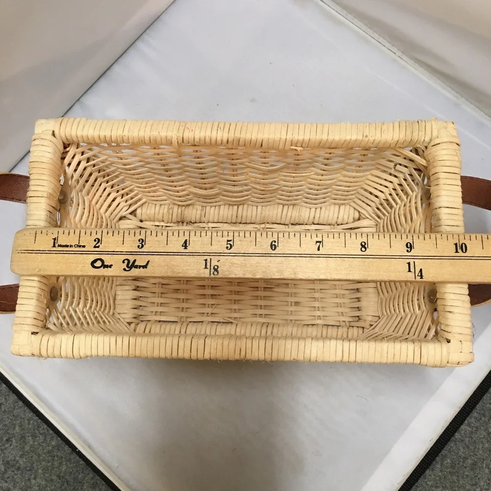 Woven Wicker Storage Basket Unisex Small Natural Tan Leather Handles Cottagecore
